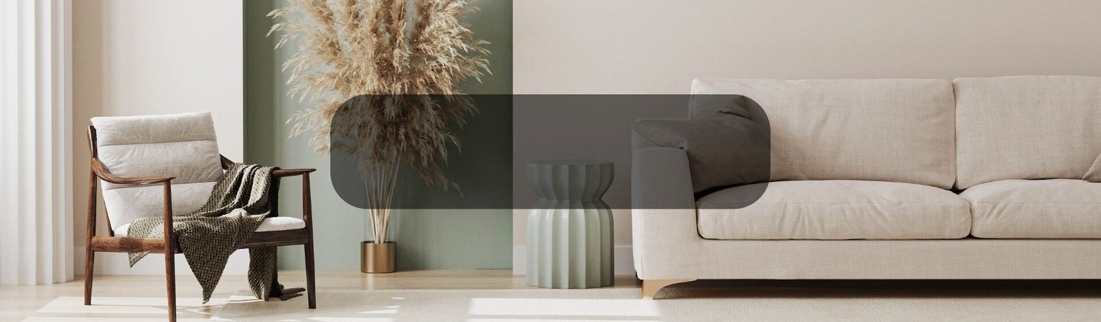 Modern minimalist living room interior by Walenza featuring a beige fabric sofa, wooden accent chair with cushion and throw, decorative side table, and pampas grass against a soft neutral wall.